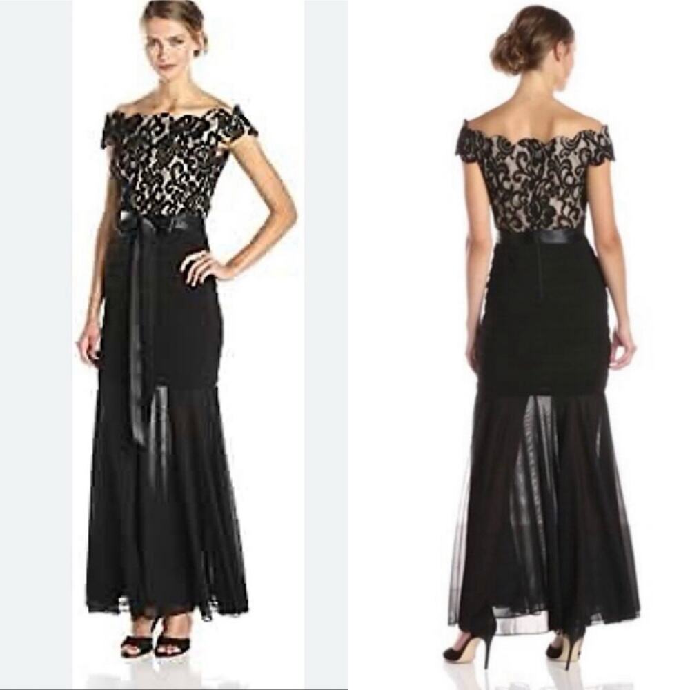 Betsy & Adam Black Lace Off-Shoulder Maxi Dress